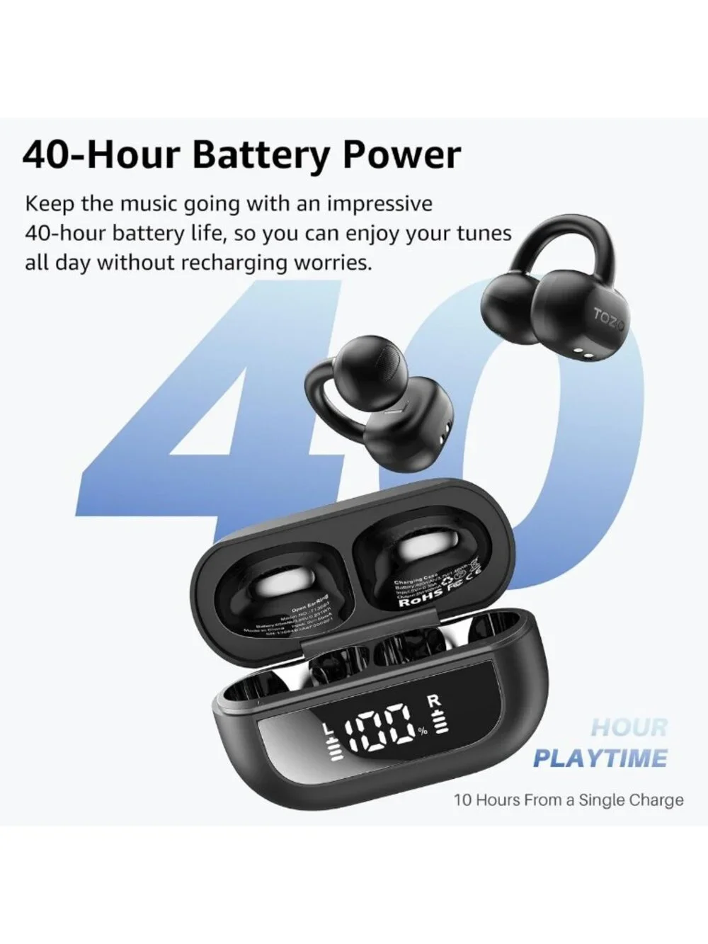 Lightweight Open Ear Wireless Earbuds, 40H Playtime, Bluetooth 5.4, Sports